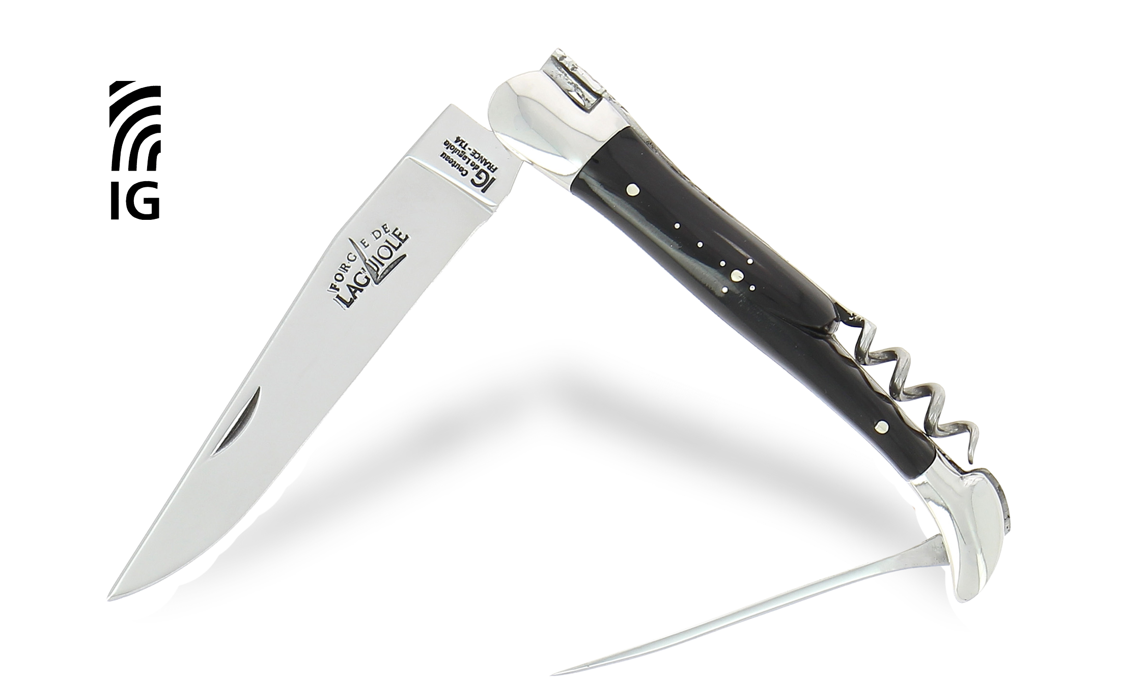 Couteau de Laguiole avec tire-bouchon et poinçon en corne foncée, mitres inox brillantes