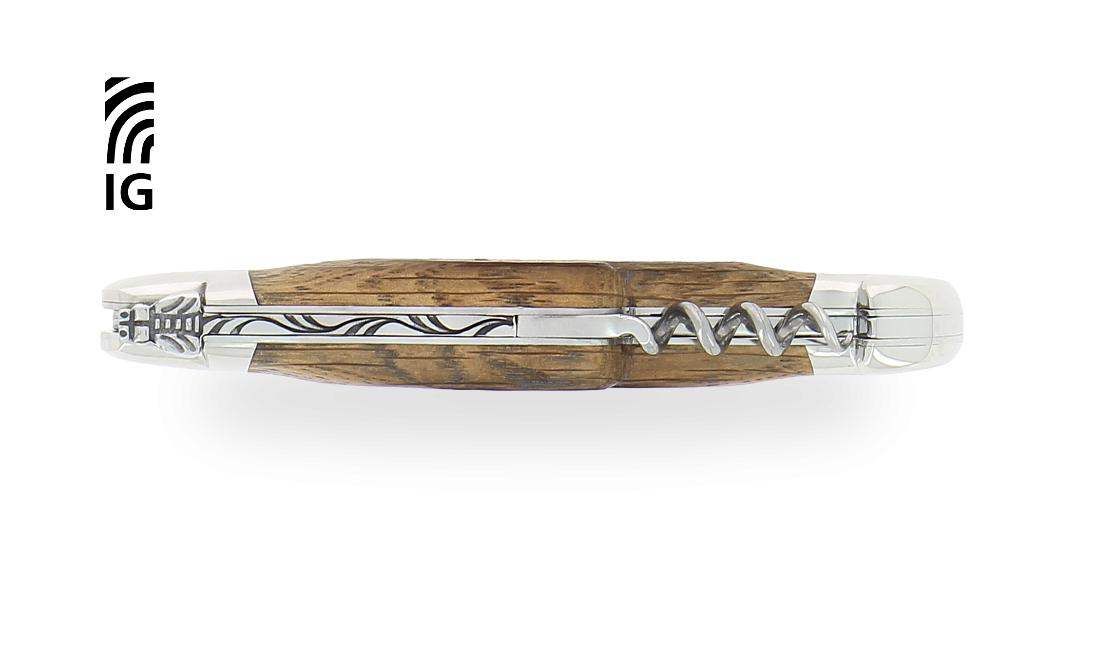 Couteau de Laguiole avec tire-bouchon en chêne de barrique, mitres inox satinées