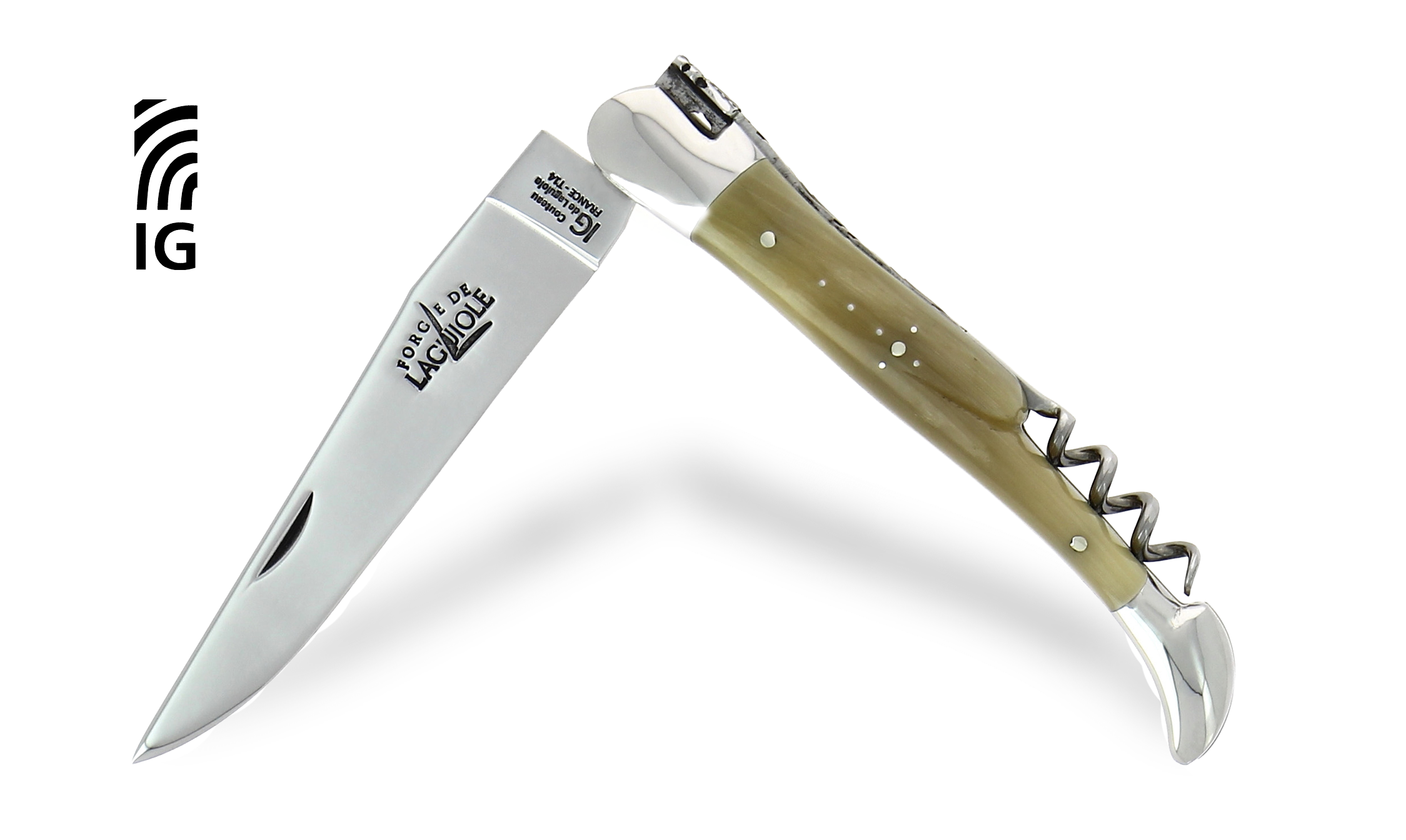 Couteau de Laguiole avec tire-bouchon en corne claire, mitres inox brillantes