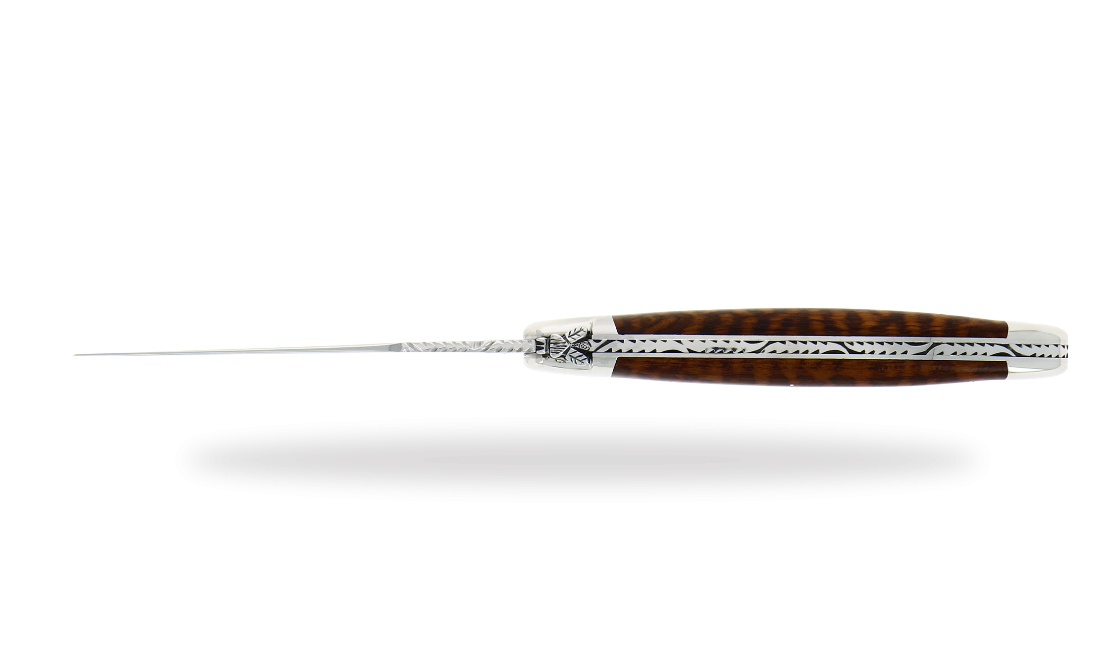 Hand engraved, snakewood folding knife, high polished finish