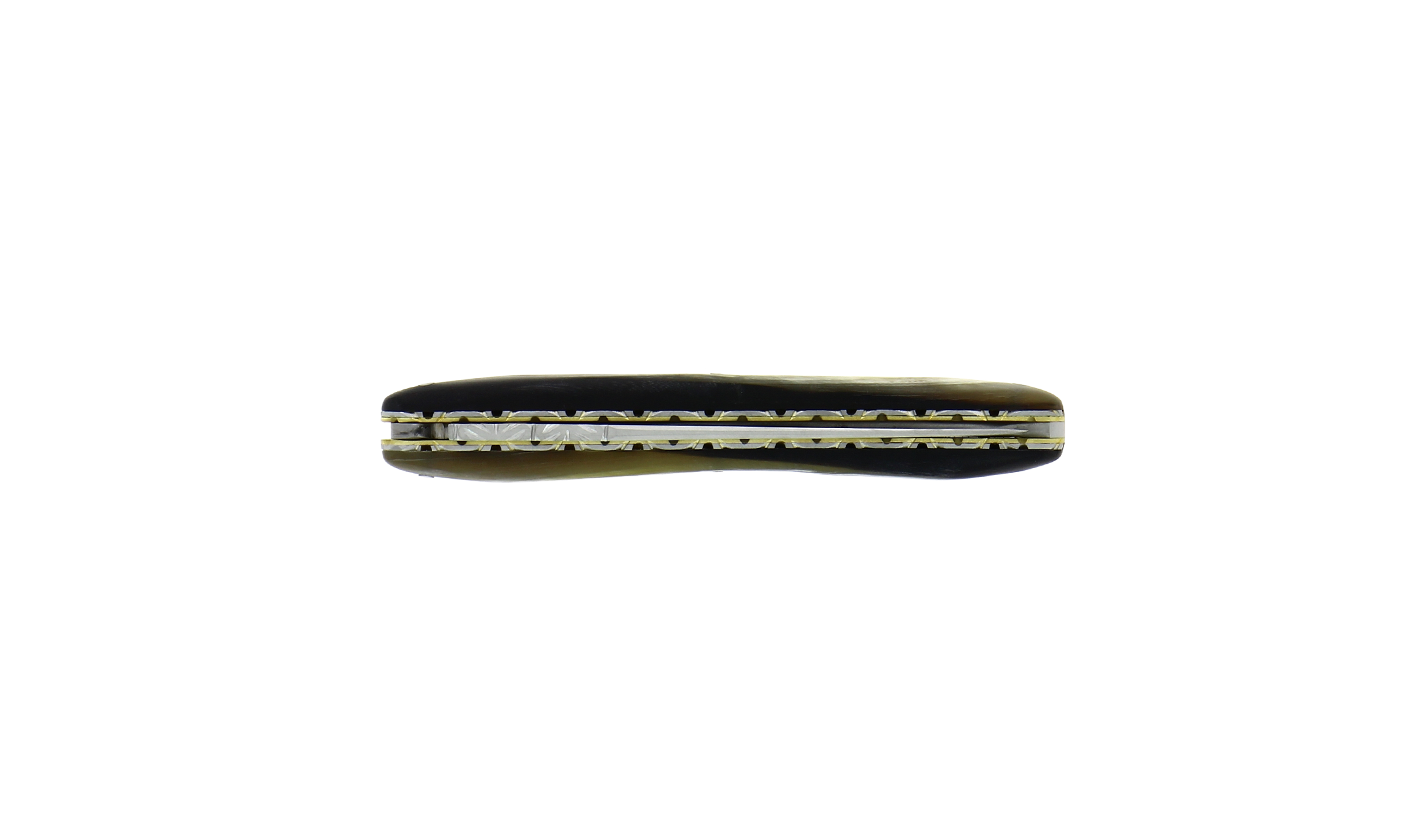 Taschenmesser ziseliert Biene Griff aus Rinderhorn, Klinge Brut de Forge Doppelplatin