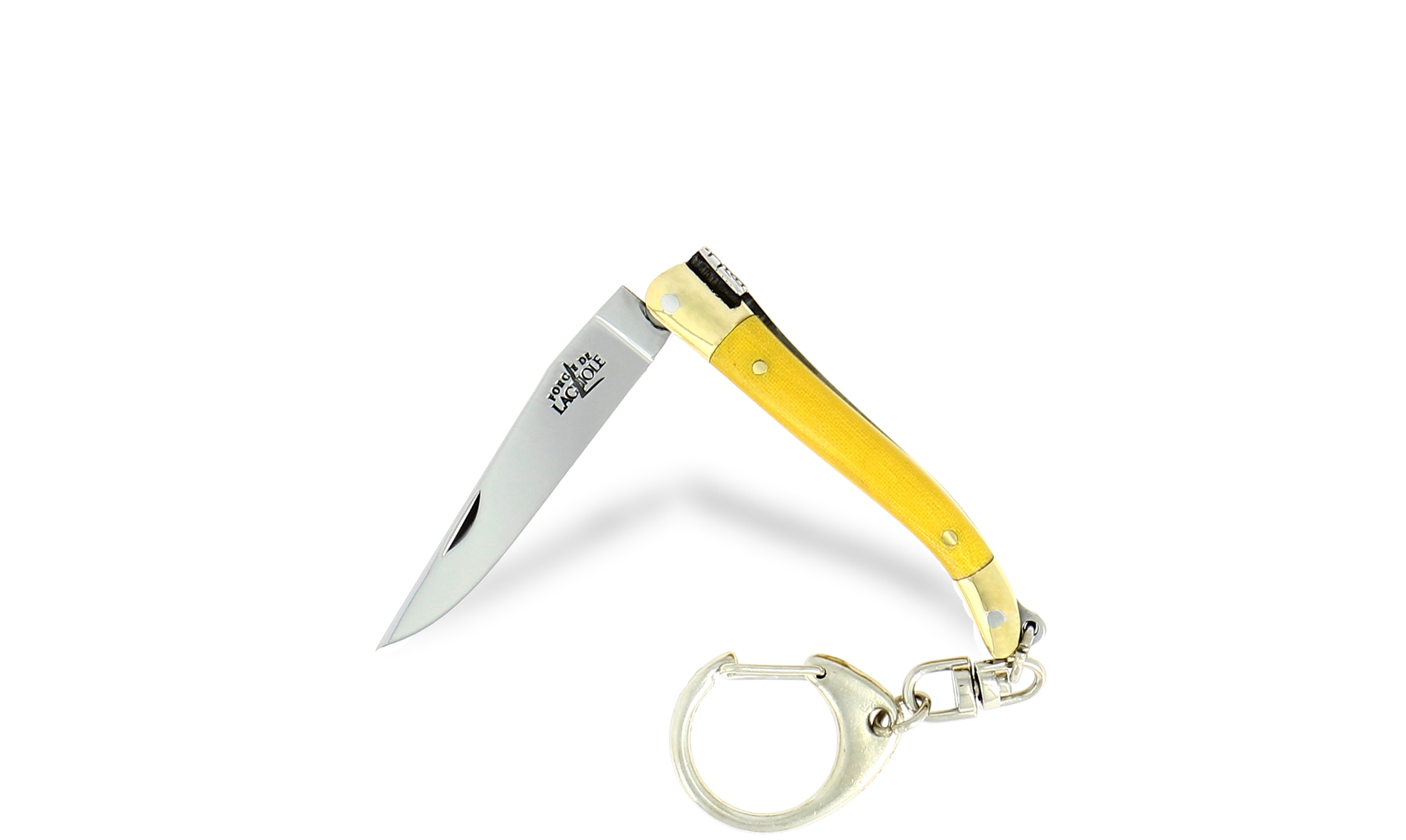 Couteau de Laguiole 7 cm en tissu compressé jaune, mitre laiton et porte-clé