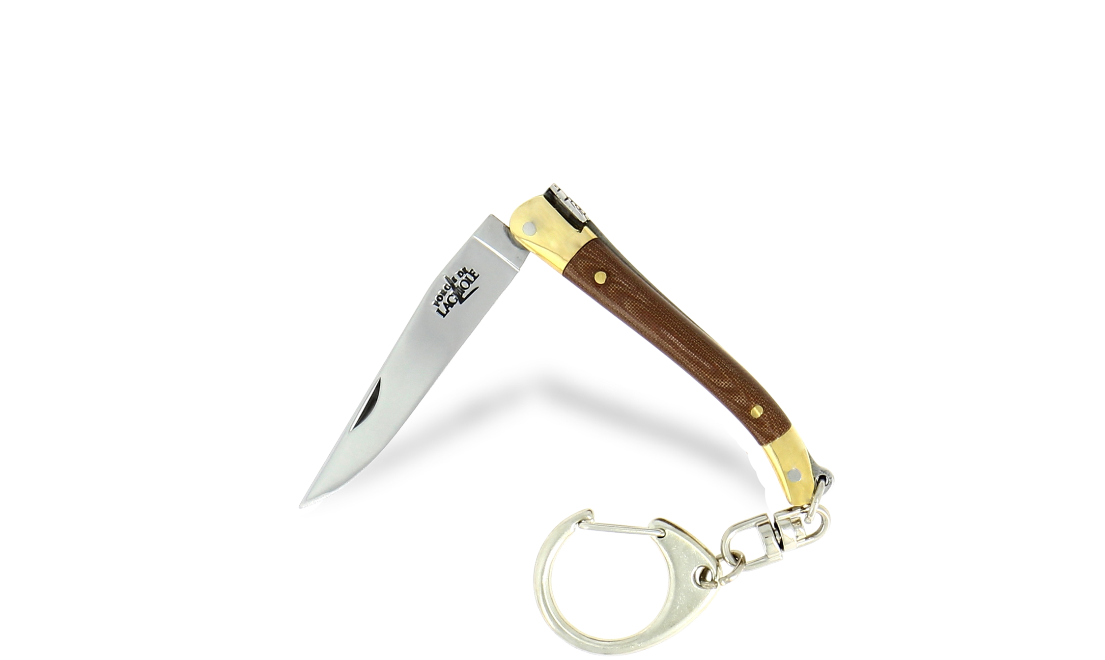 Couteau de Laguiole 7 cm en tissu compressé chocolat, mitres laiton et porte-clé