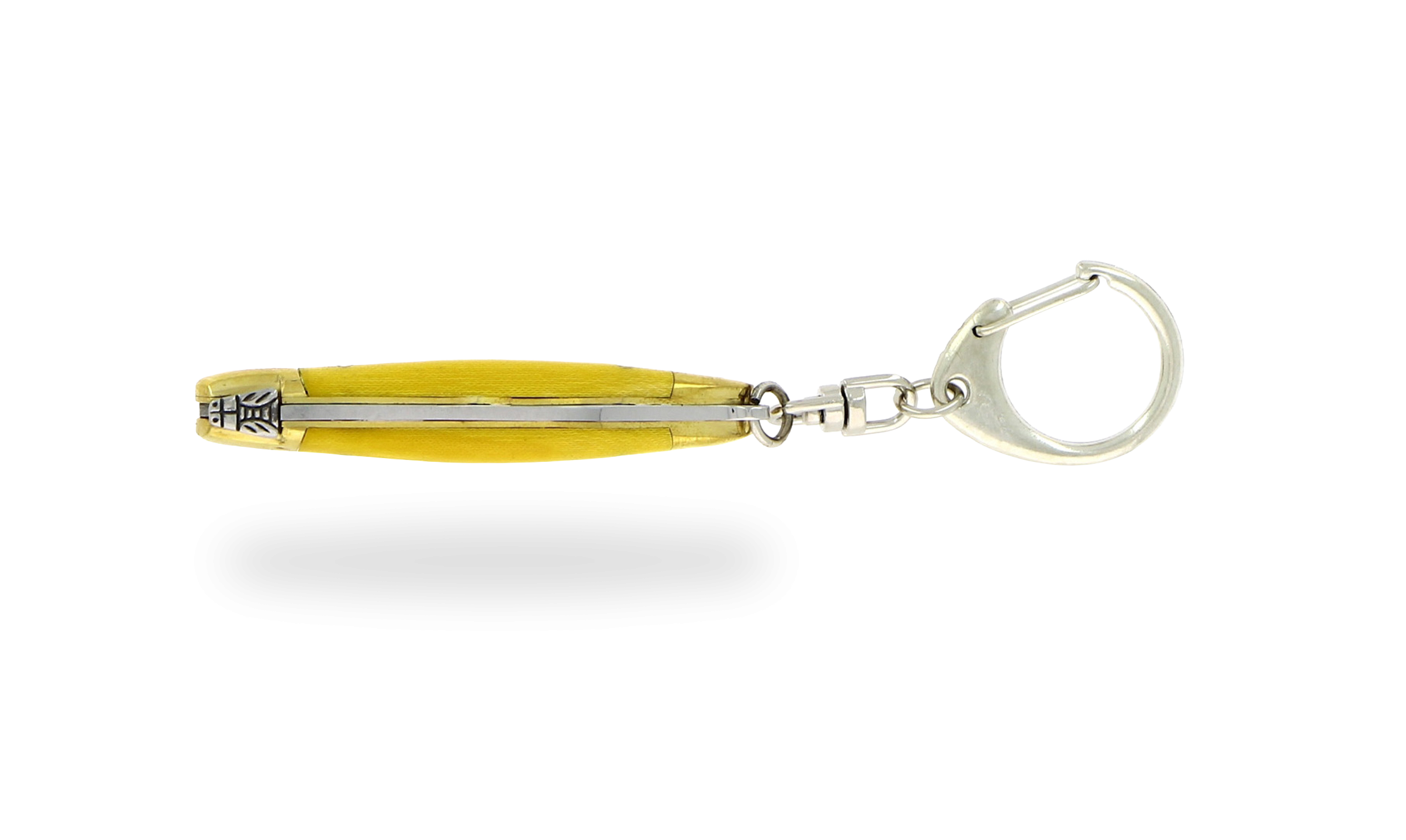 Couteau de Laguiole 7 cm en tissu compressé jaune, mitre laiton et porte-clé