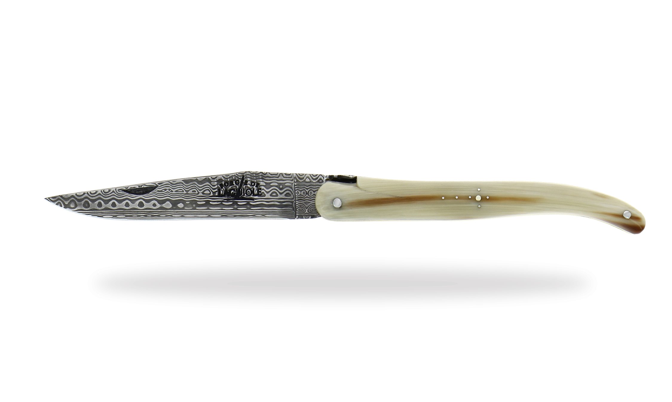 Taschenmesser ziseliert Biene Griff aus hellem Horn, munin-Damast Klinge und Doppelplatine
