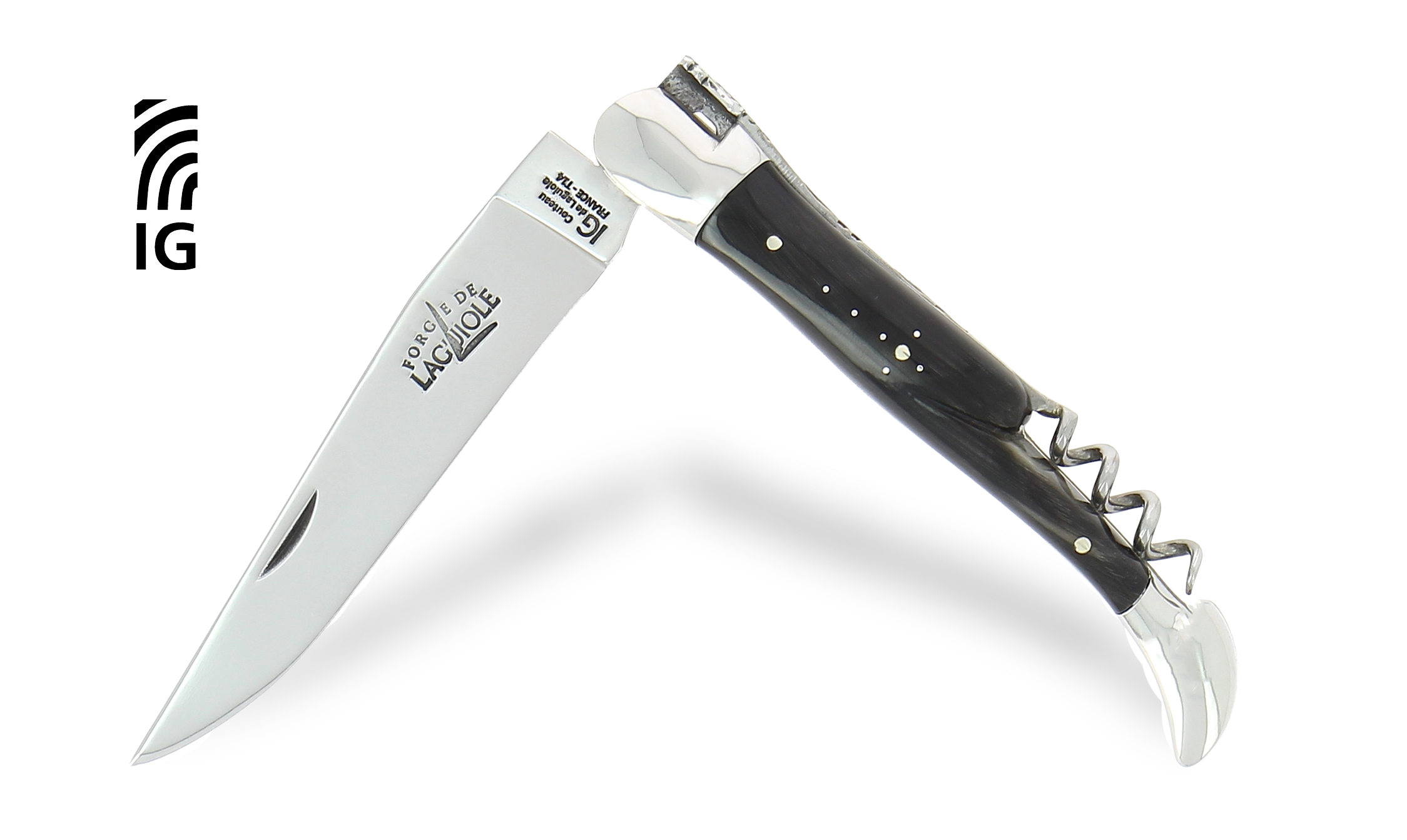 Couteau de Laguiole avec tire-bouchon en corne foncée, mitres inox brillantes