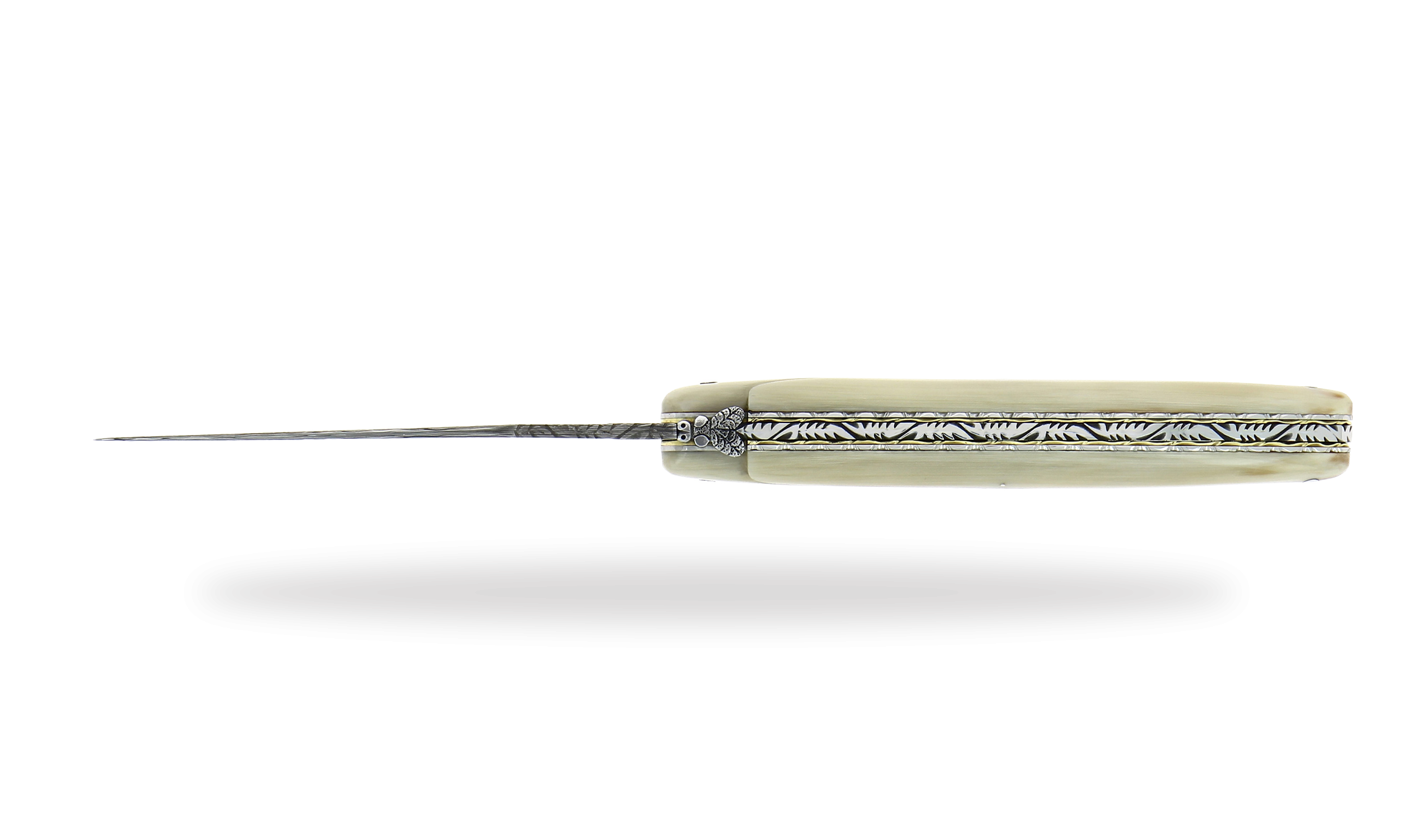 Taschenmesser ziseliert Biene Griff aus hellem Horn, munin-Damast Klinge und Doppelplatine