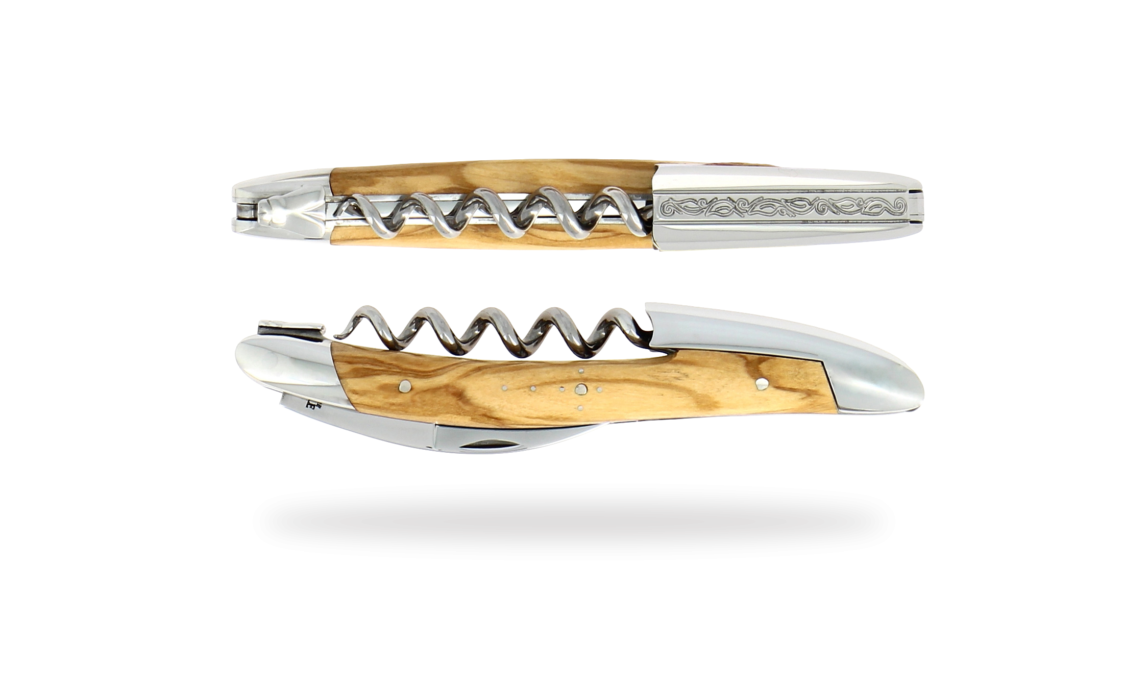 Sommelier knife, high polished finish with Olivewood handle, engraving of the lever