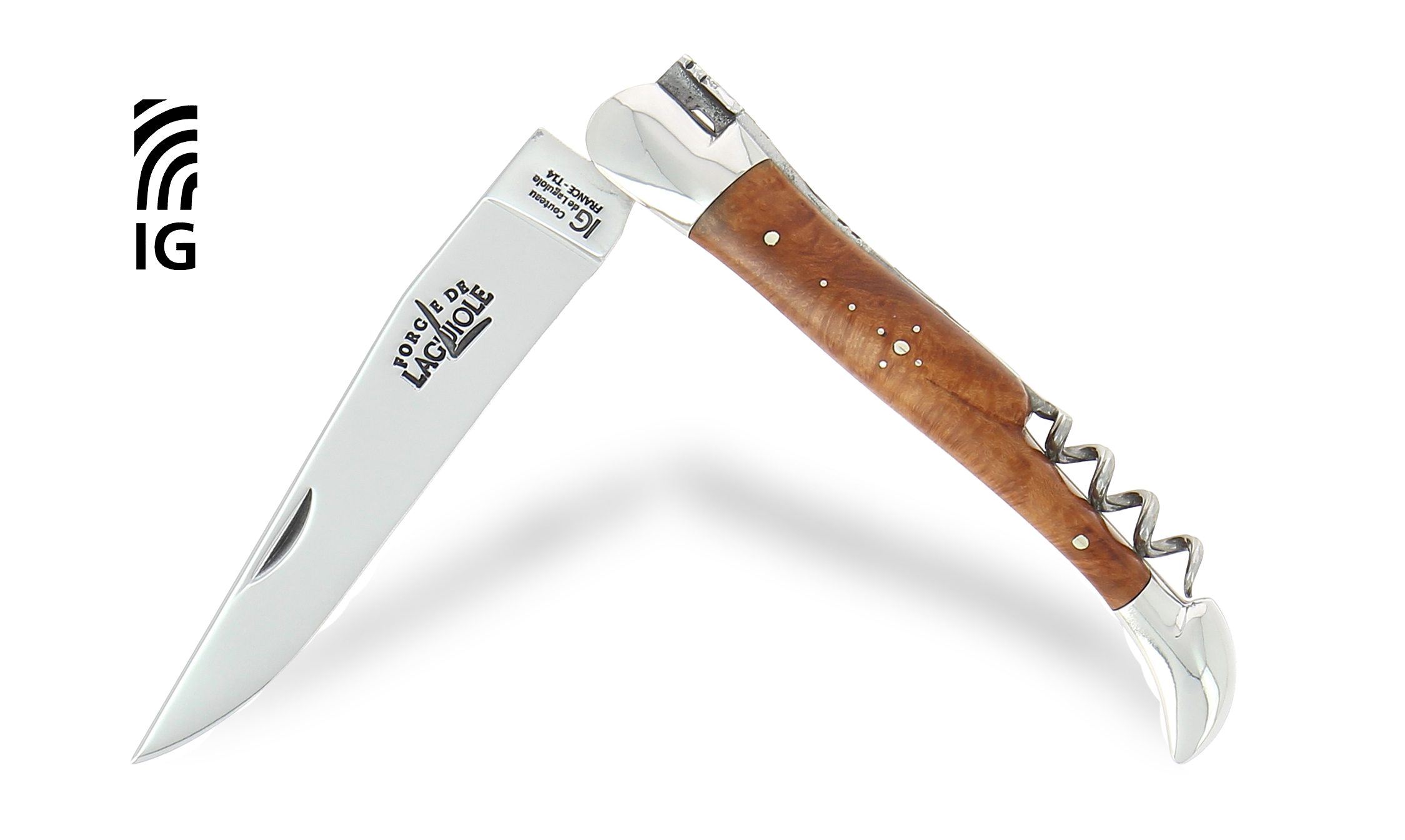 Couteau de Laguiole avec tire-bouchon en chêne de barrique, mitres inox brillantes