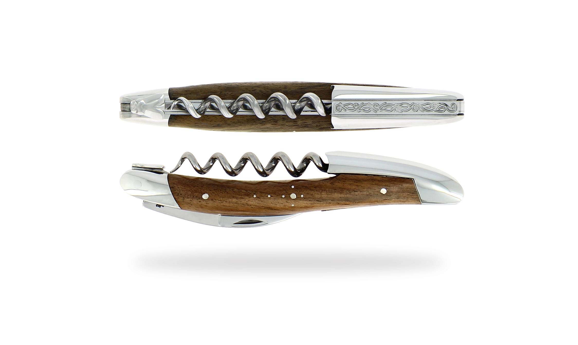 Sommelier knife, high polished finish with Walnut handle, engraving of the lever