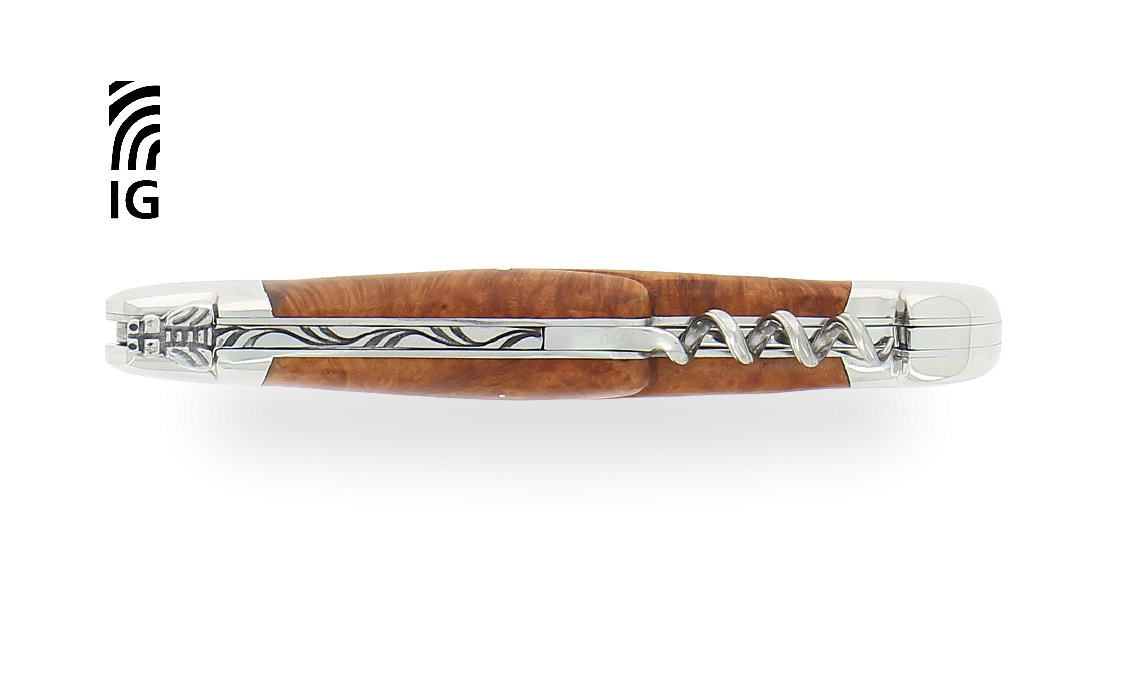 Couteau de Laguiole avec tire-bouchon en chêne de barrique, mitres inox brillantes
