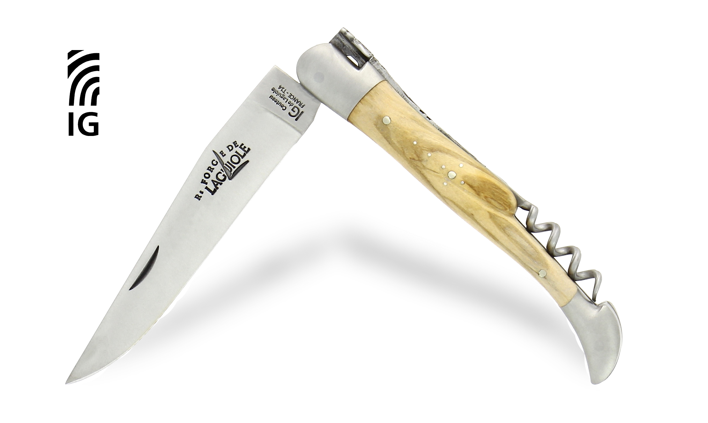 Couteau de Laguiole avec tire-bouchon en olivier, mitres inox satinées