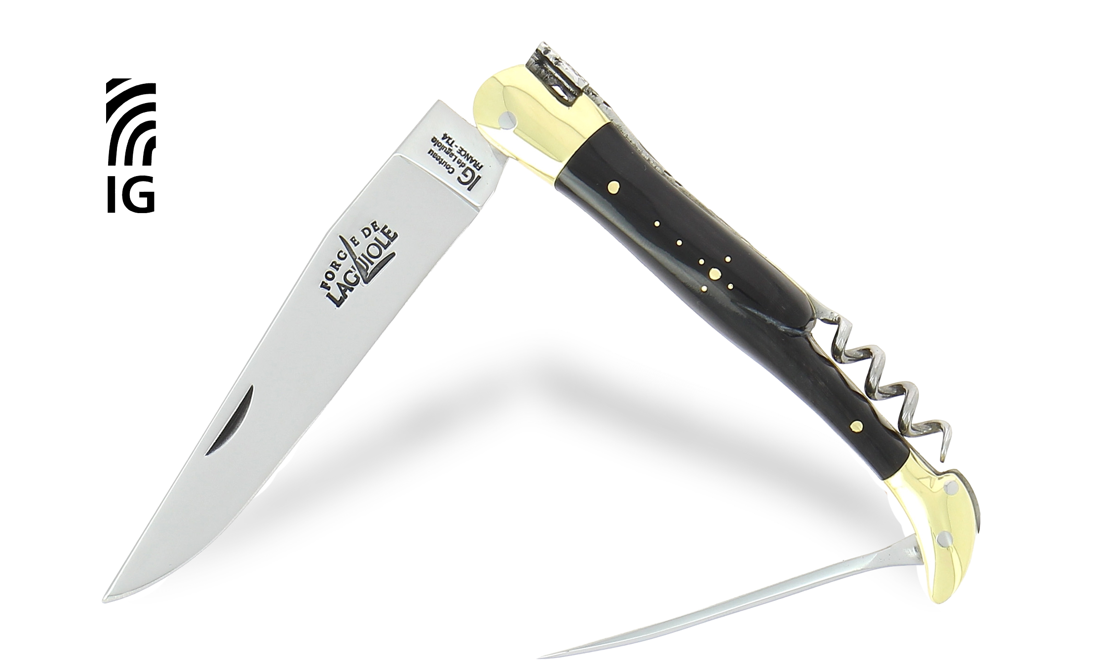 Couteau de Laguiole avec tire-bouchon et poinçon en corne foncée, mitres laiton