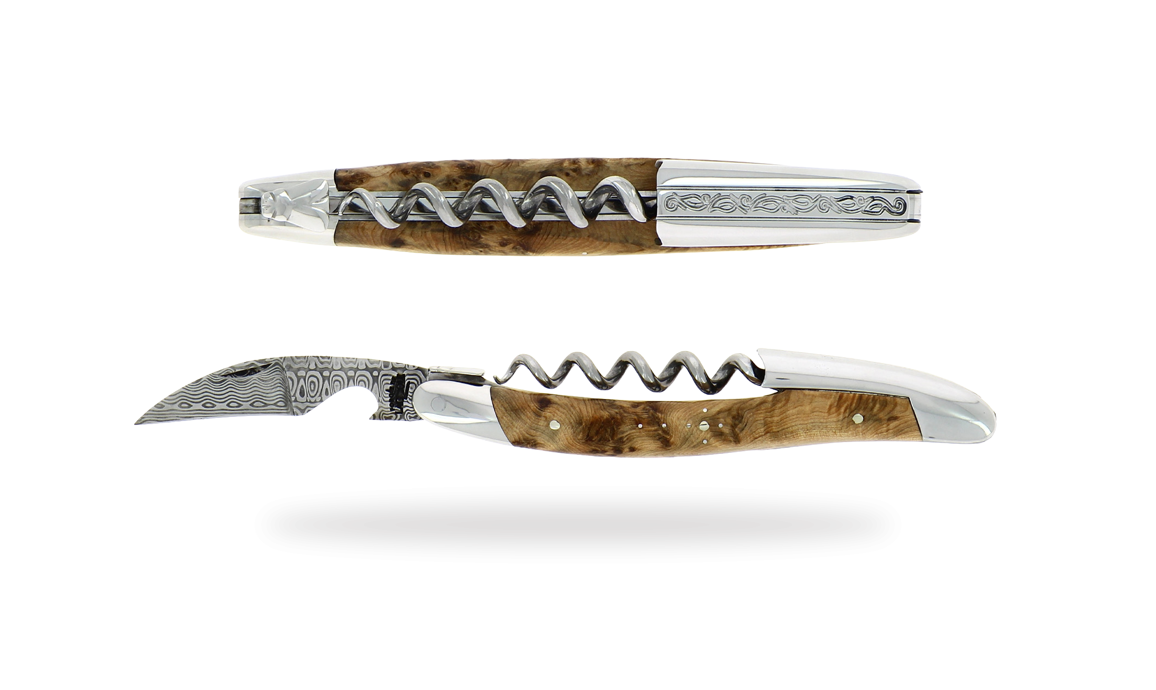 Sommelier knife, high polished finish with Juniper handle, engraving of the lever and damascus blade