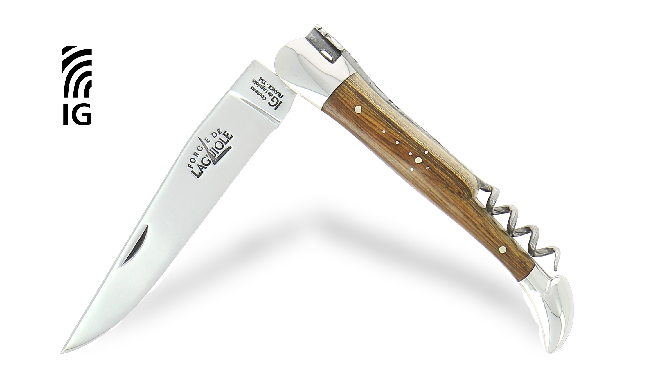 Couteau de Laguiole avec tire-bouchon en pistachier, mitres inox brillantes