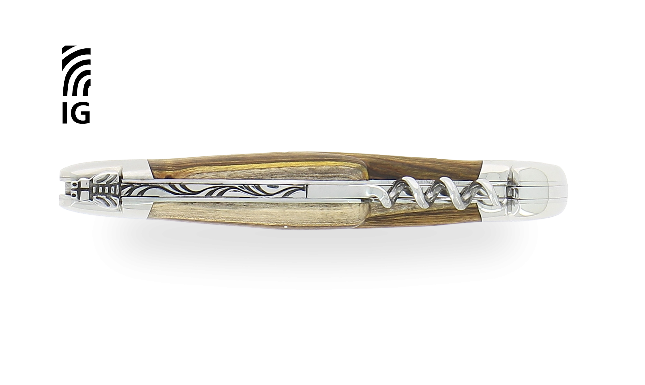 Couteau de Laguiole avec tire-bouchon en pistachier, mitres inox brillantes