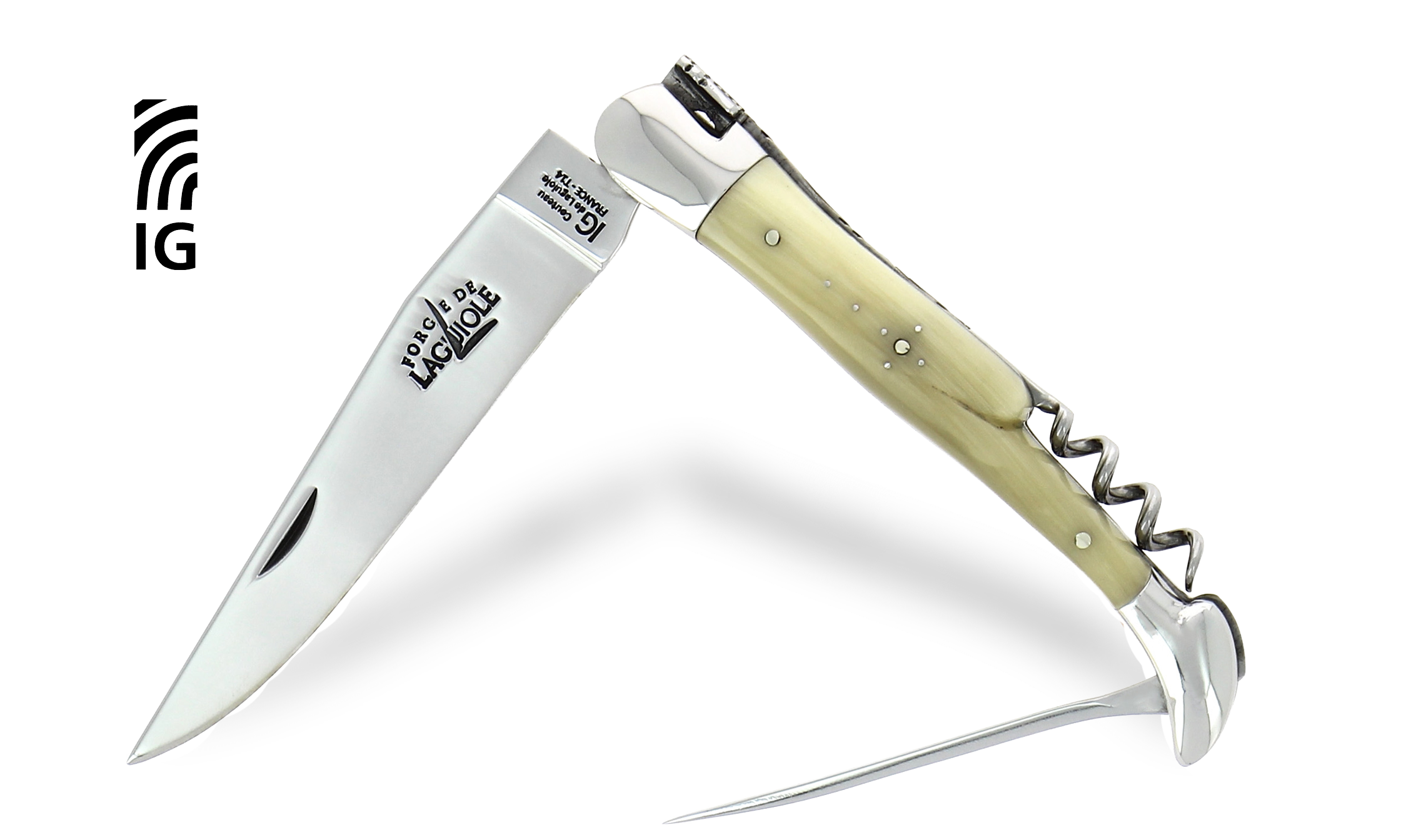 Couteau de Laguiole avec tire-bouchon et poinçon en corne claire, mitres inox brillantes