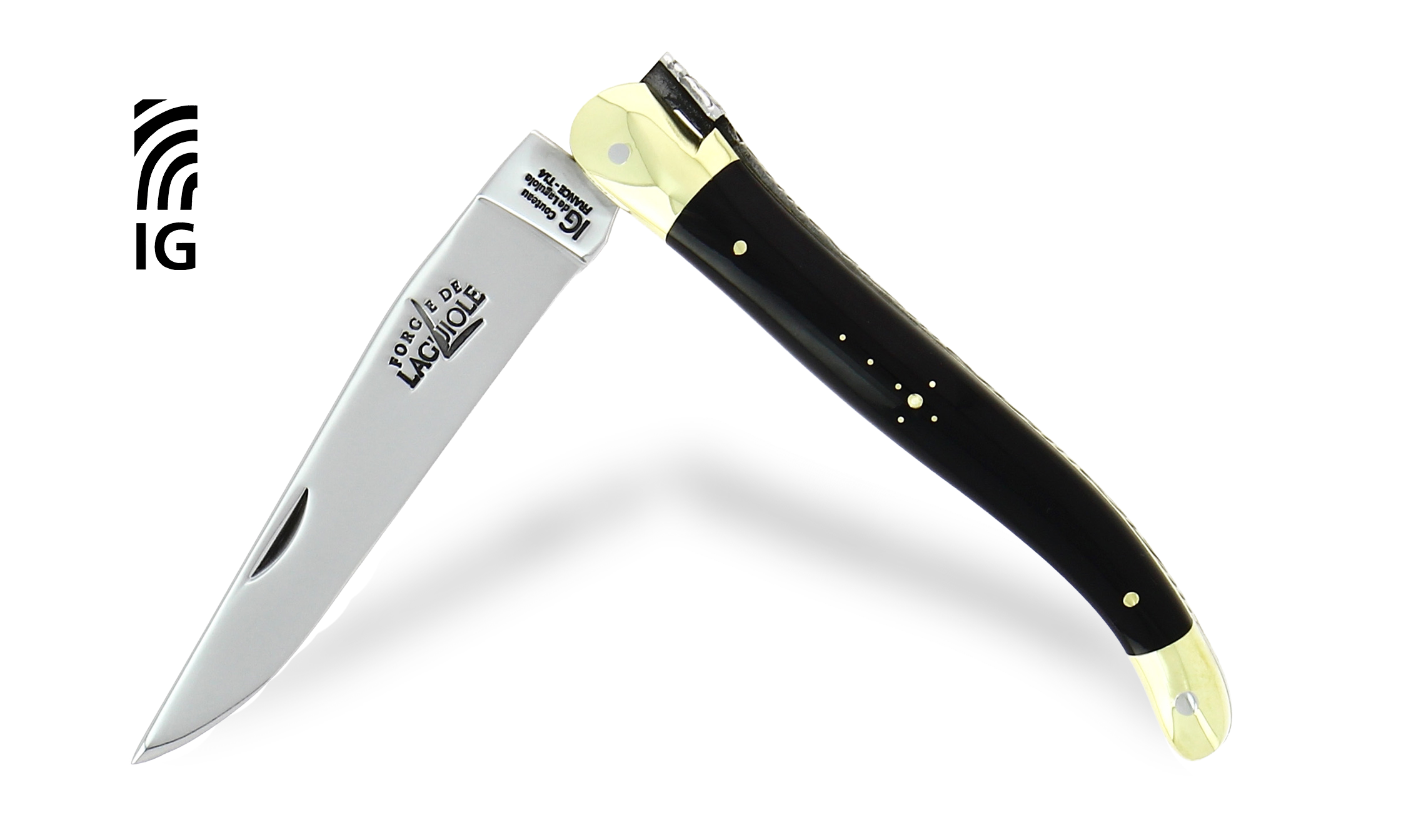 Couteau de Laguiole 12 cm en corne foncée, mitres laiton