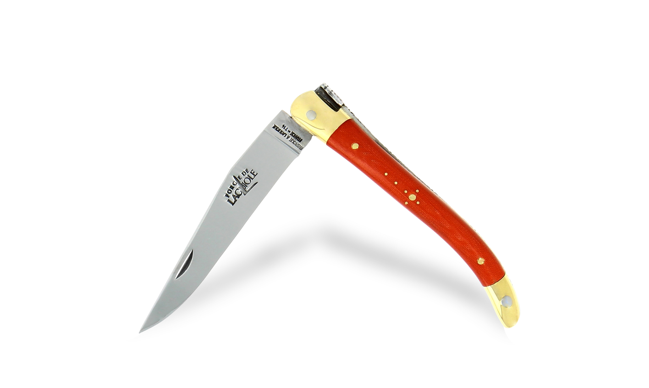 Laguiole knife 9 cm in orange compressed fabric with brass bolsters