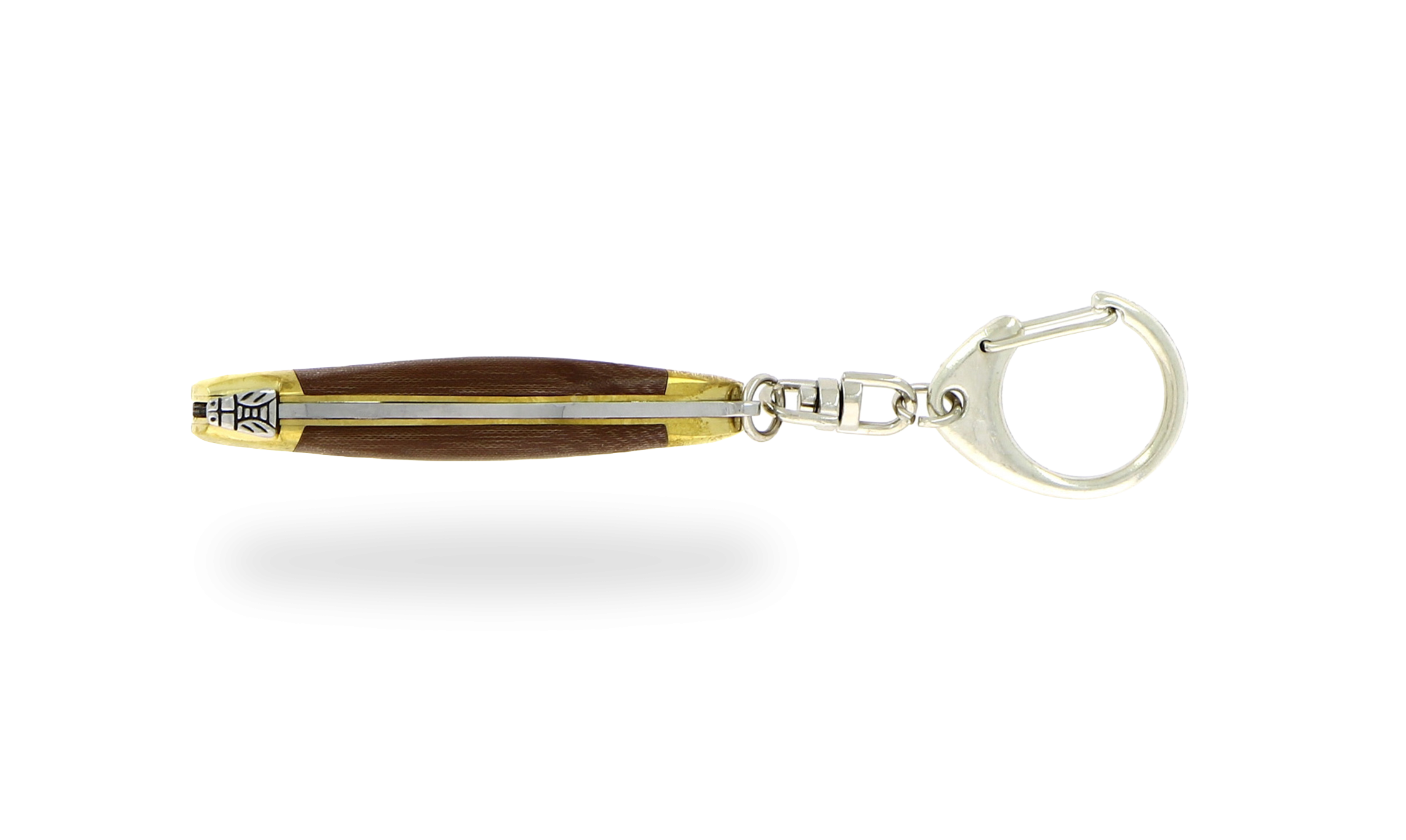 Couteau de Laguiole 7 cm en tissu compressé chocolat, mitres laiton et porte-clé
