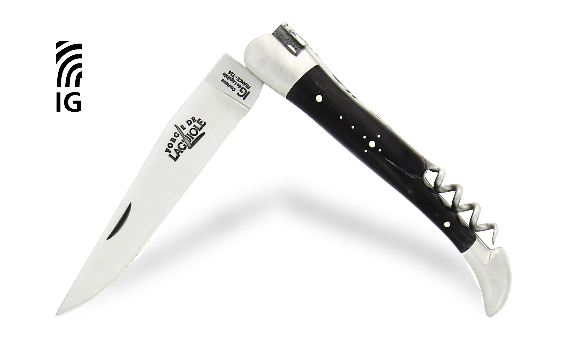Couteau de Laguiole avec tire-bouchon en corne foncée, mitres inox satinées