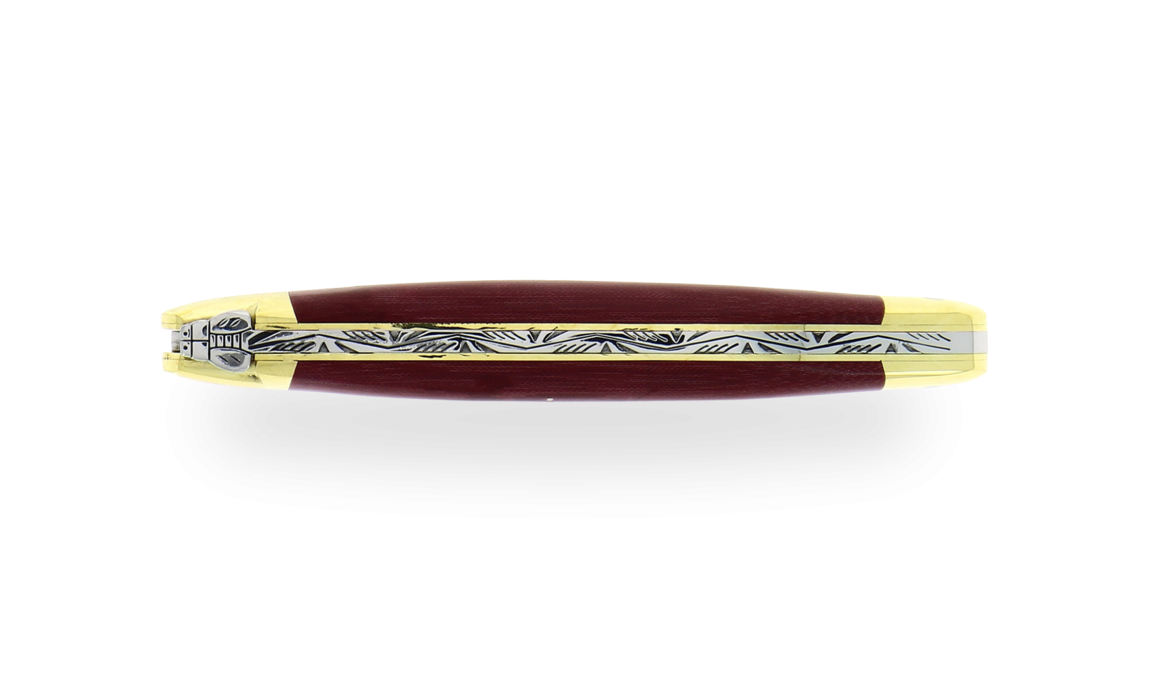 Couteau de Laguiole 11 cm en tissu compressé bordeaux, mitres laiton