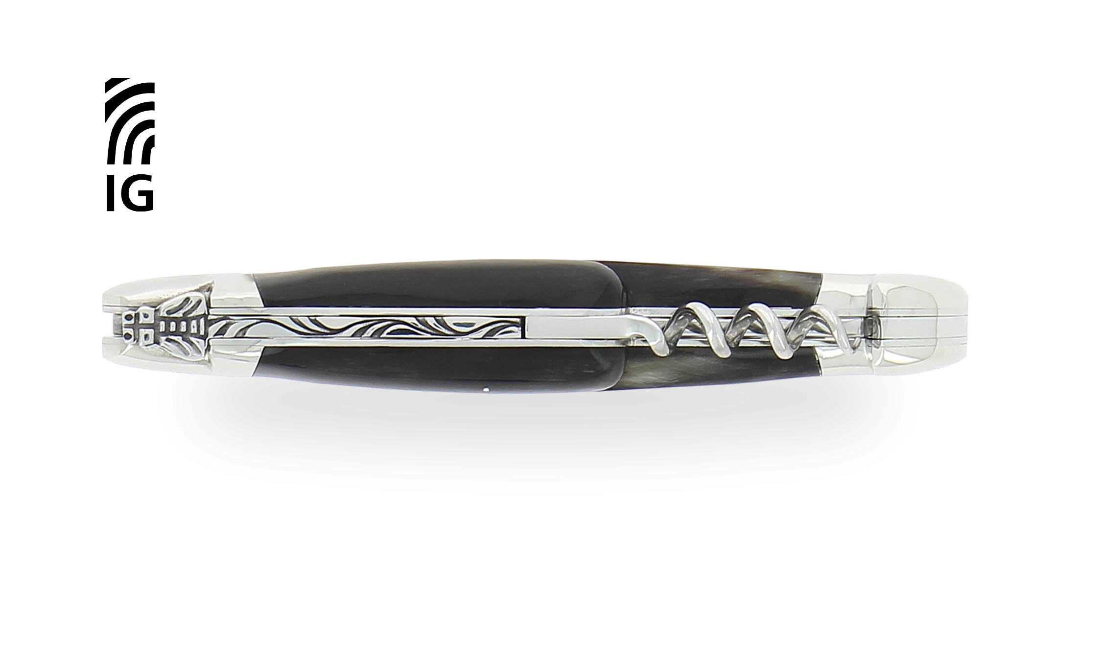 Couteau de Laguiole avec tire-bouchon en corne foncée, mitres inox brillantes