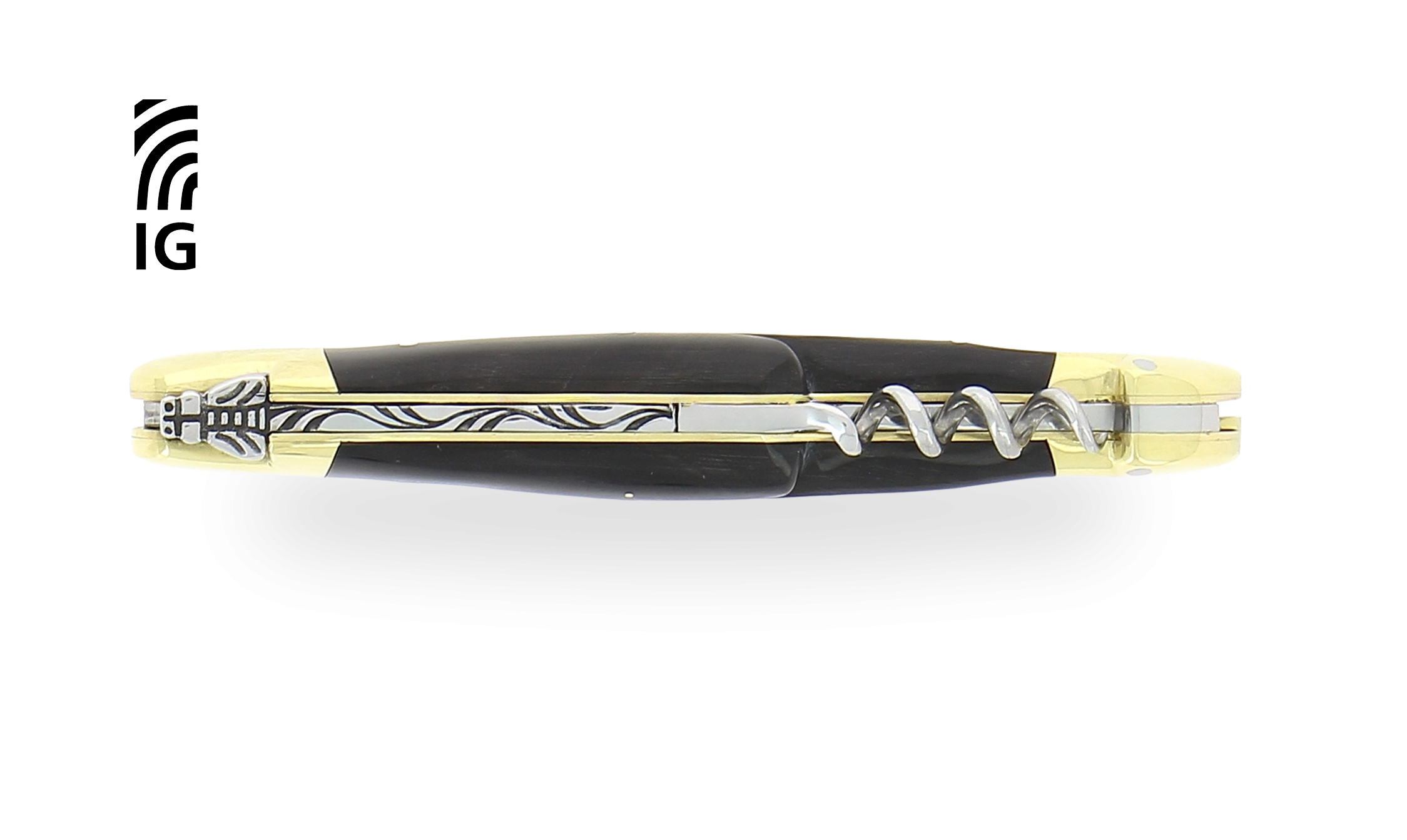 Couteau de Laguiole avec tire-bouchon et poinçon en corne foncée, mitres laiton