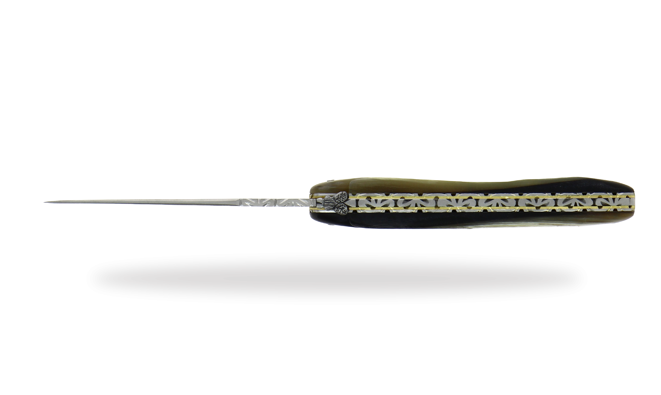 Taschenmesser ziseliert Biene Griff aus Rinderhorn, Klinge Brut de Forge Doppelplatin