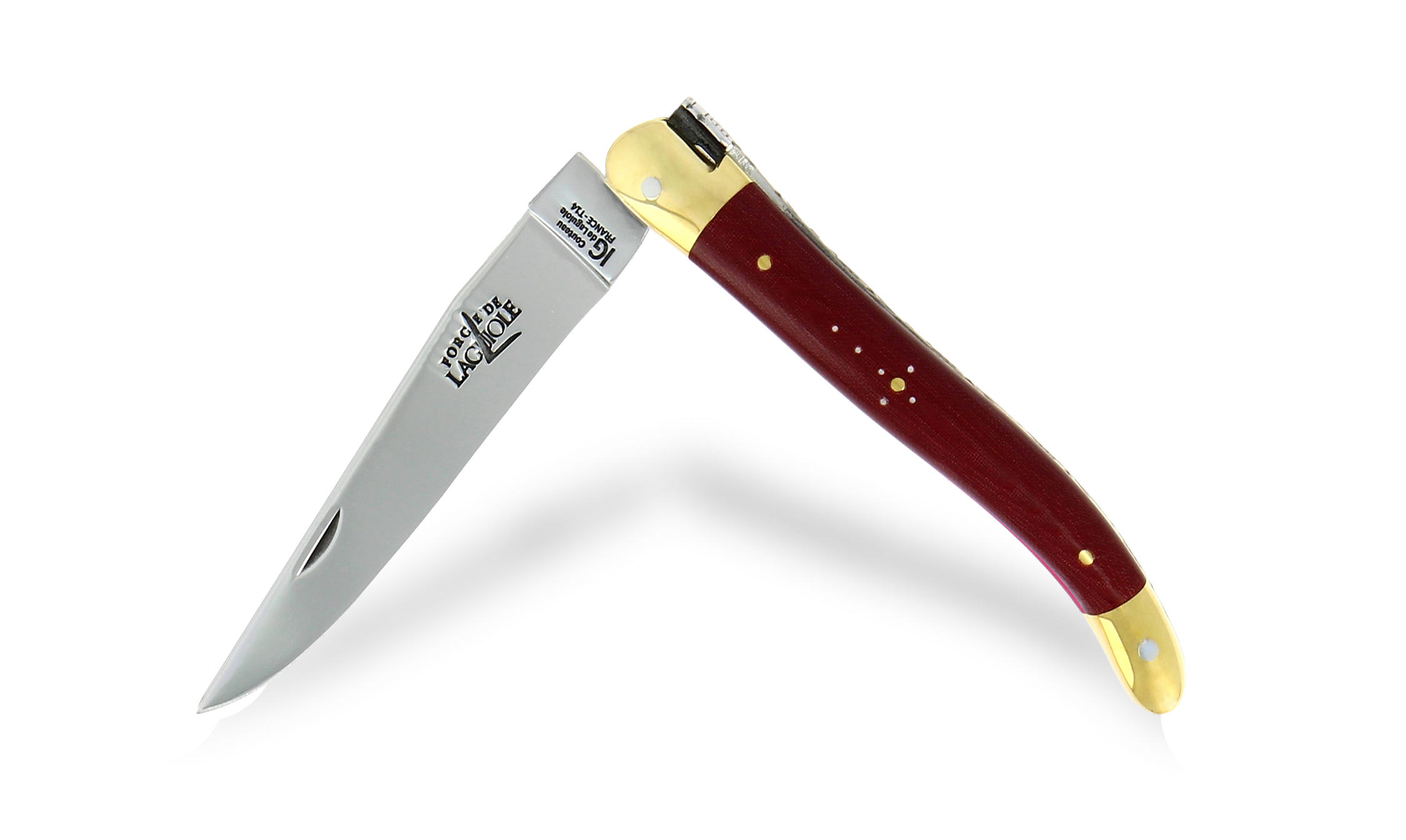 Couteau de Laguiole 11 cm en tissu compressé bordeaux, mitres laiton