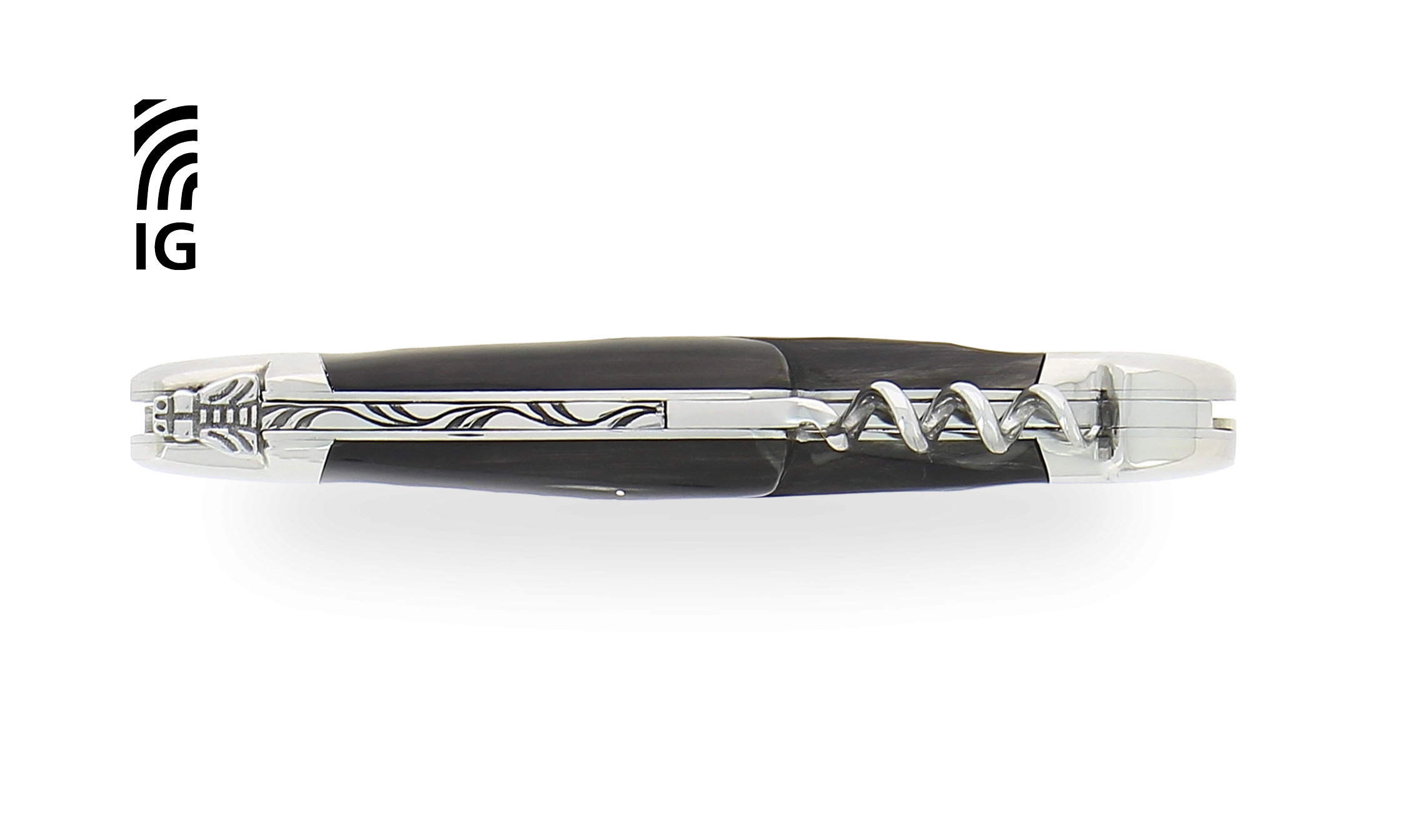 Couteau de Laguiole avec tire-bouchon et poinçon en corne foncée, mitres inox brillantes