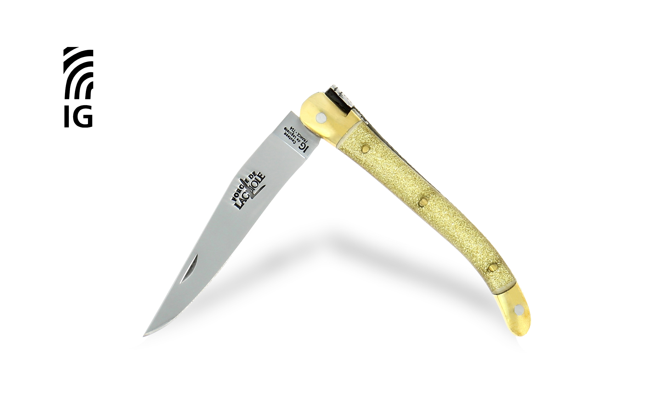 Laguiole knife 9 cm in golden spangles with brass bolsters