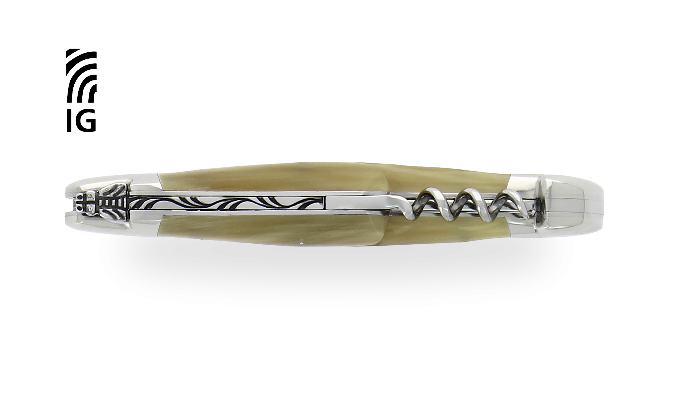 Couteau de Laguiole avec tire-bouchon en corne claire, mitres inox brillantes