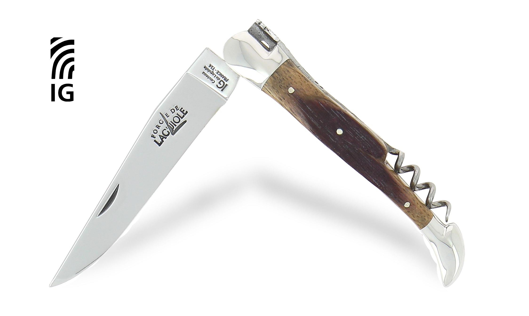 Couteau de Laguiole avec tire-bouchon en chêne de barrique, mitres inox satinées