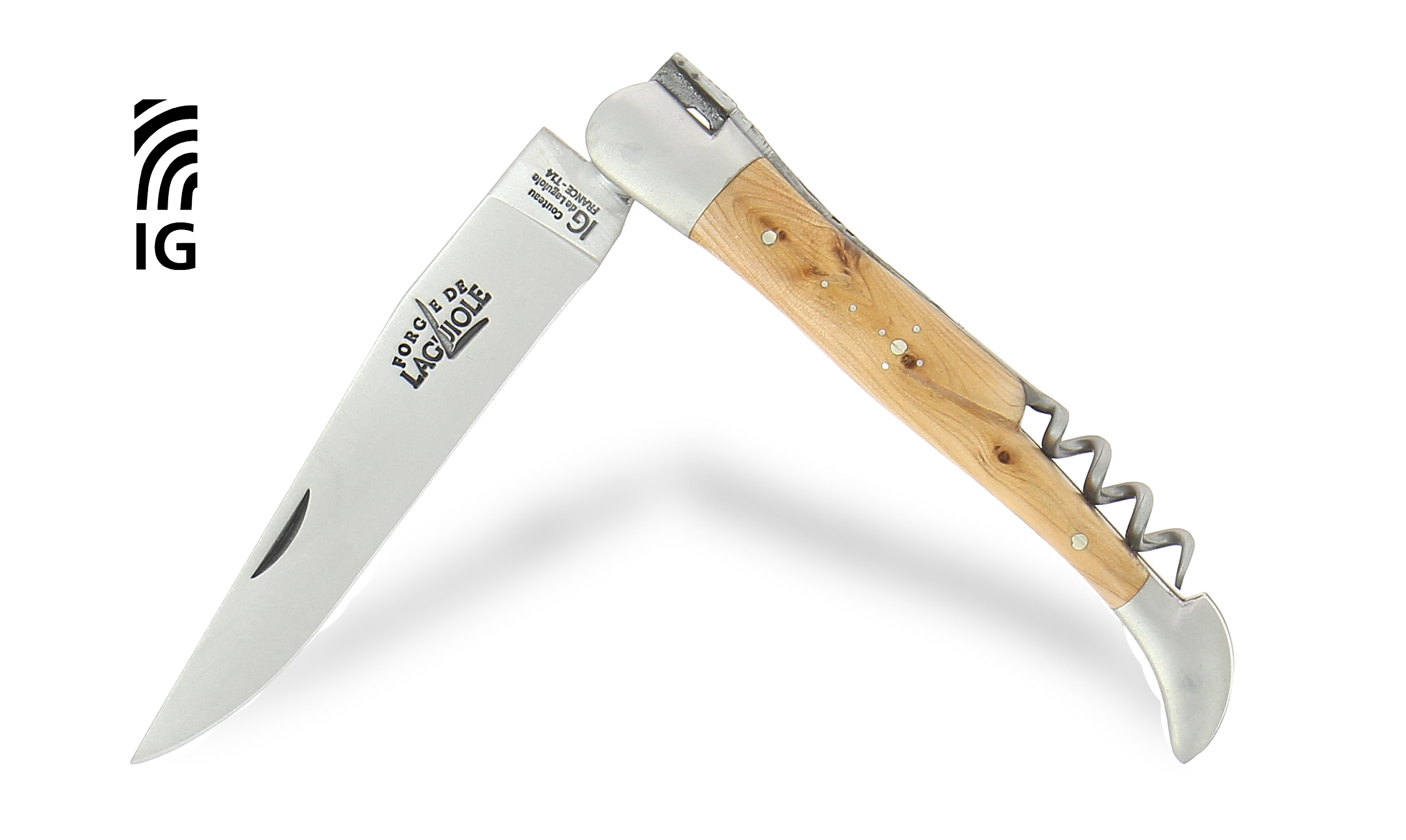 Couteau de Laguiole avec tire-bouchon en genévrier, mitres inox satinées