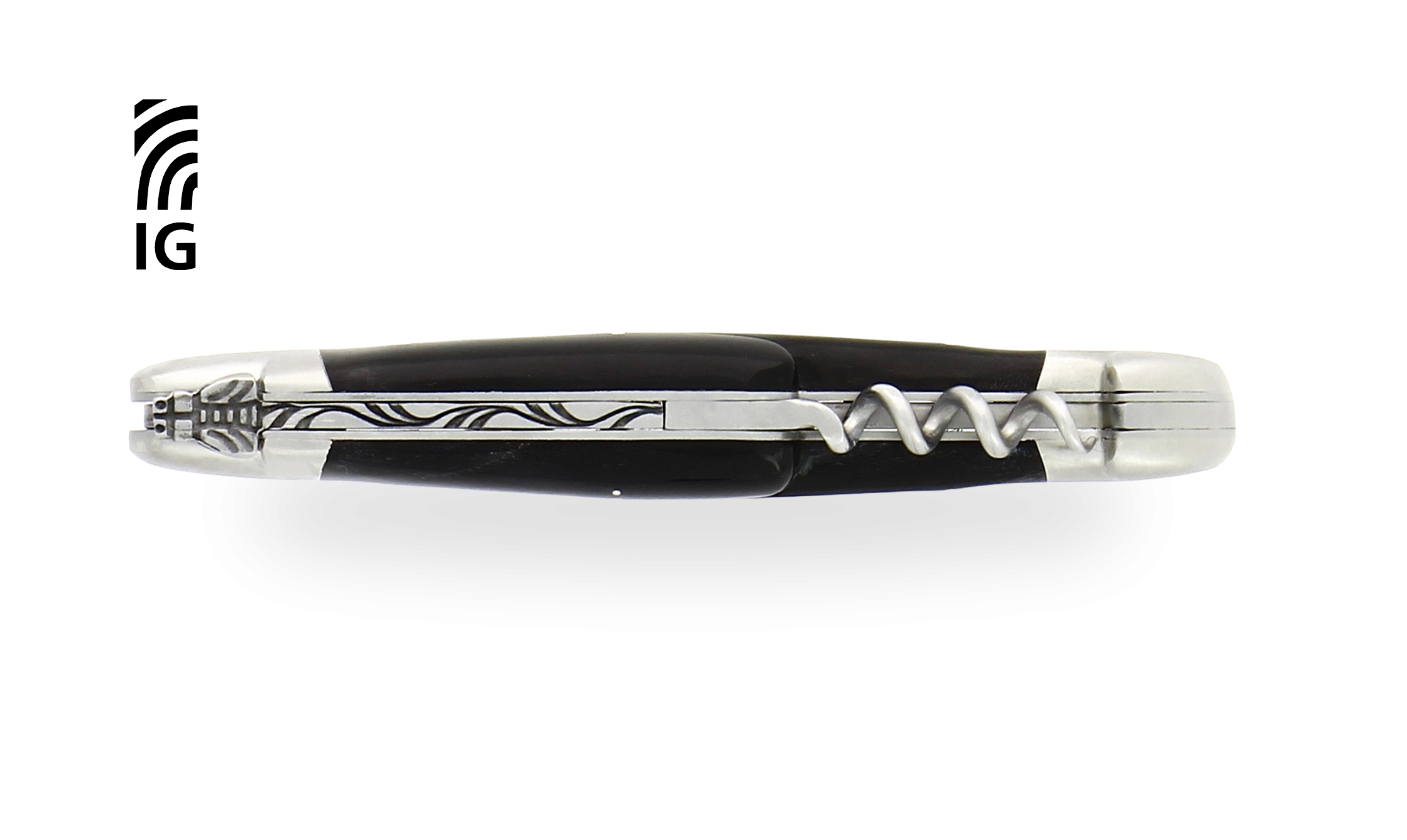 Couteau de Laguiole avec tire-bouchon en corne foncée, mitres inox satinées