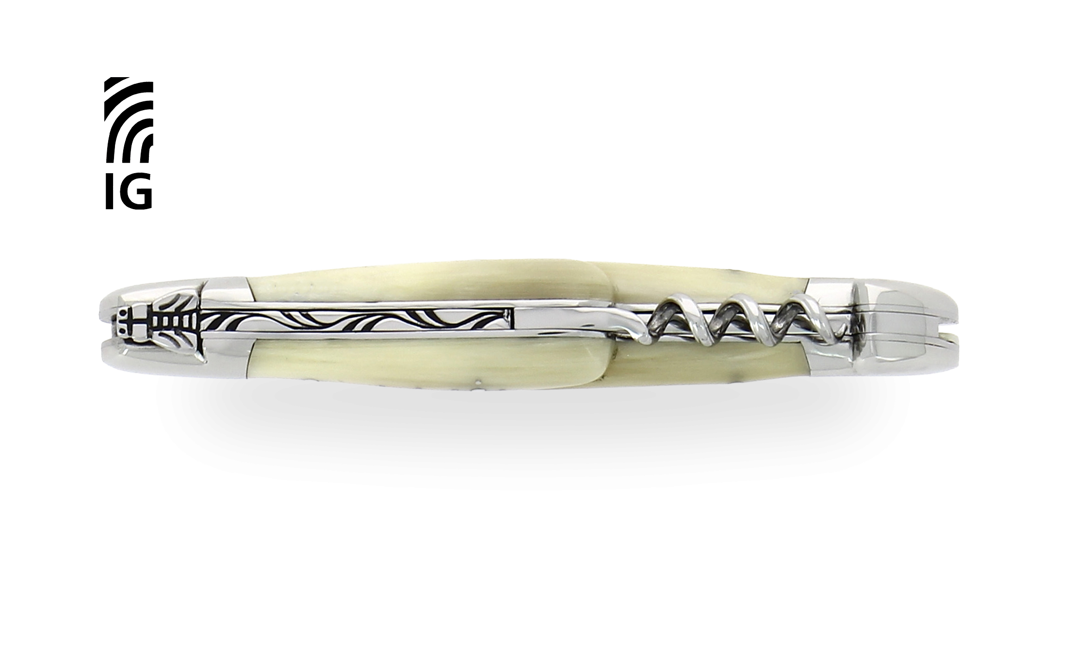 Couteau de Laguiole avec tire-bouchon et poinçon en corne claire, mitres inox brillantes
