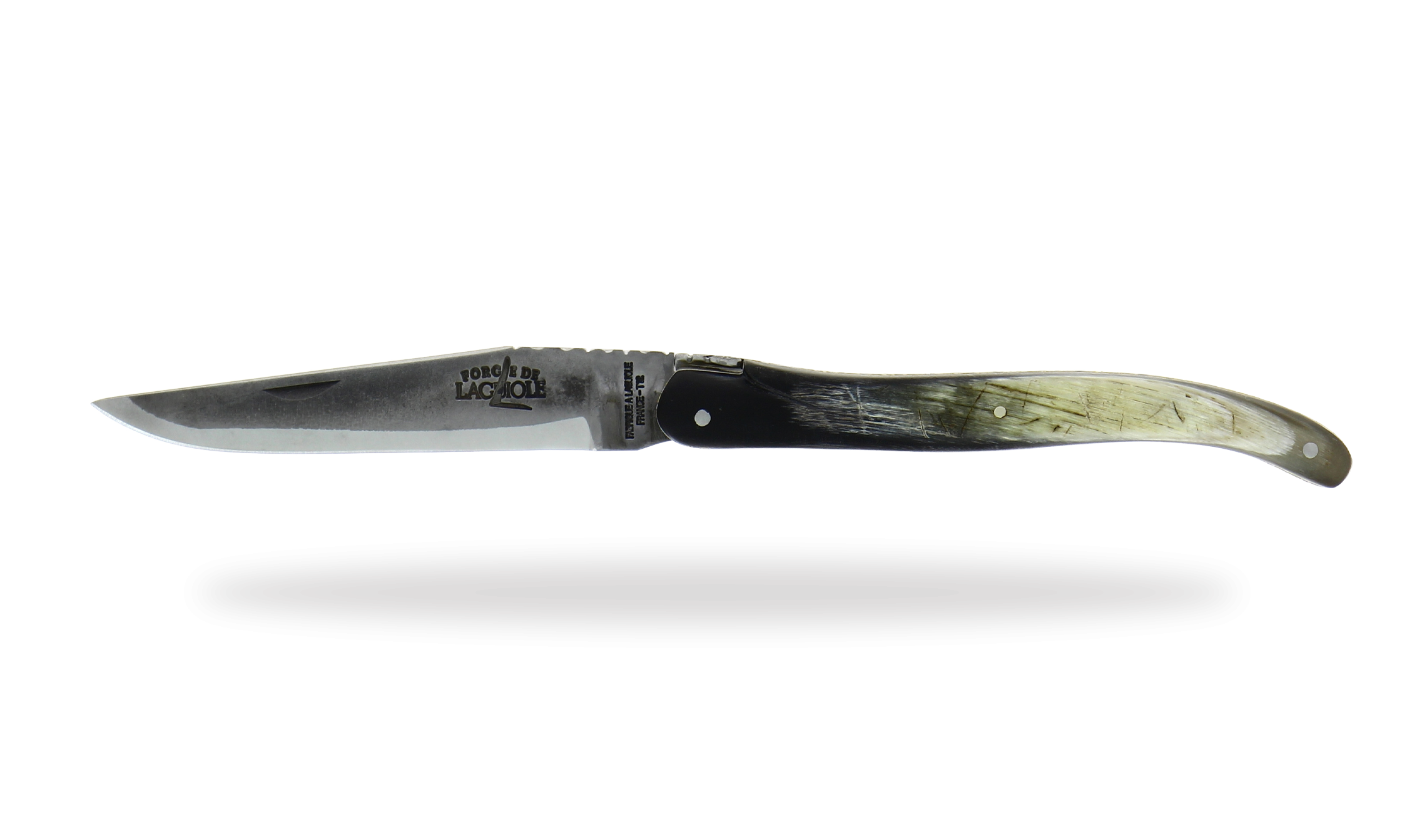 Taschenmesser ziseliert Biene Griff aus Rinderhorn, Klinge Brut de Forge Doppelplatin