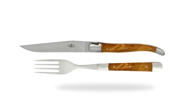 Couteau de table et fourchette satinés en olivier