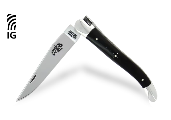 Couteau de Laguiole 11 cm en corne foncée, mitres inox brillantes