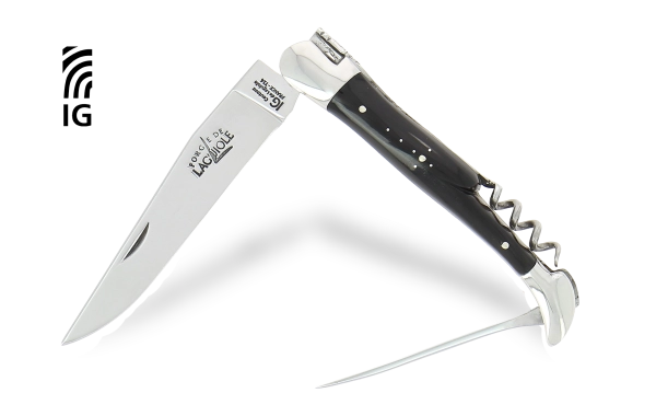 Couteau pliant avec tire-bouchon et poinçon en corne foncée, mitres inox finition brillante
