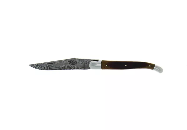 Couteau pliant ciselé main brillant en chêne de barrique, lame damas inox et double platines