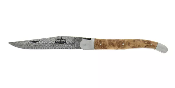 Couteau pliant ciselé main satinée en genévrier lame damas inox et double platine