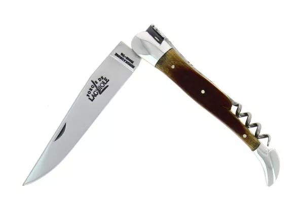 Couteau pliant 12cm avec tire-bouchon en chêne de barrique, mitres inox finition brillante