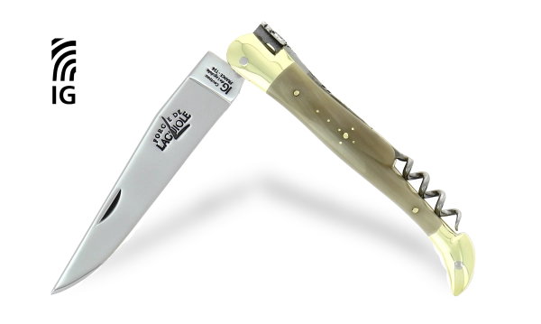 Couteau pliant avec tire-bouchon en corne claire, mitres laiton