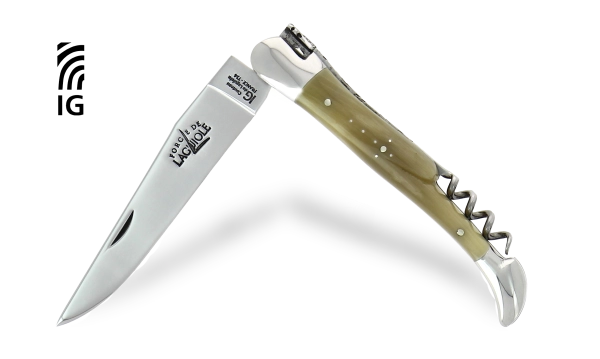 Couteau pliant avec tire-bouchon en corne claire, mitres inox finition brillante