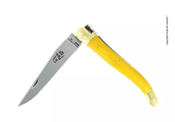 Couteau pliant 11 cm en tissu compressé jaune, mitres laiton