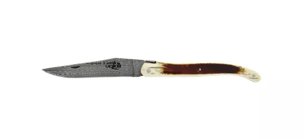 Couteau pliant ciselé main, plein manche en ivoire de mammouth extérieur, lame damas inox, brillant