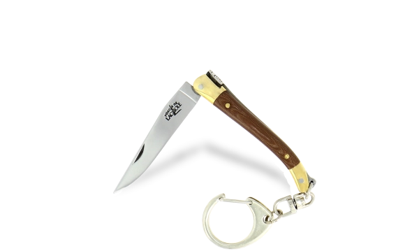 Couteau pliant 7cm en tissu compressé chocolat avec porte-clé, mitres laiton finition brillante