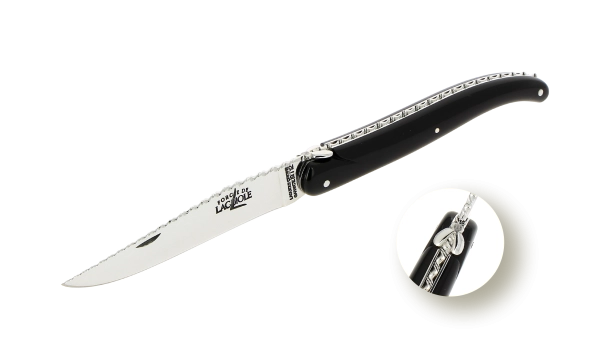 Couteau pliant sur mesure en corne noire, motif torsadé